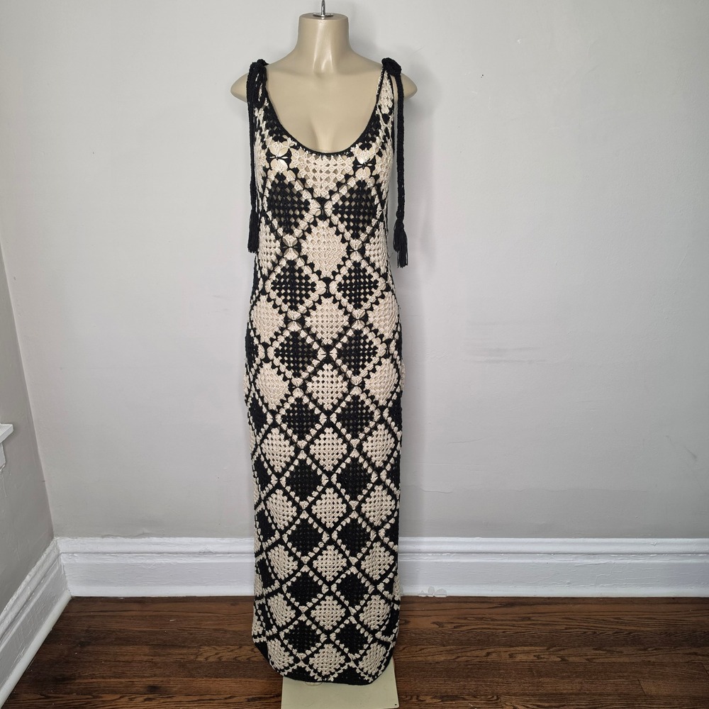 Fashion Nova Dress Womens 1X Black Granny Square Crochet Knit Maxi Diamond Boho